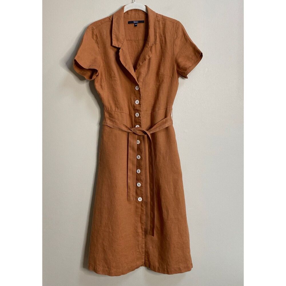 Quince Terracotta 100% European Linen Button Front Belted Midi Dress Size XS - Picture 4 of 14